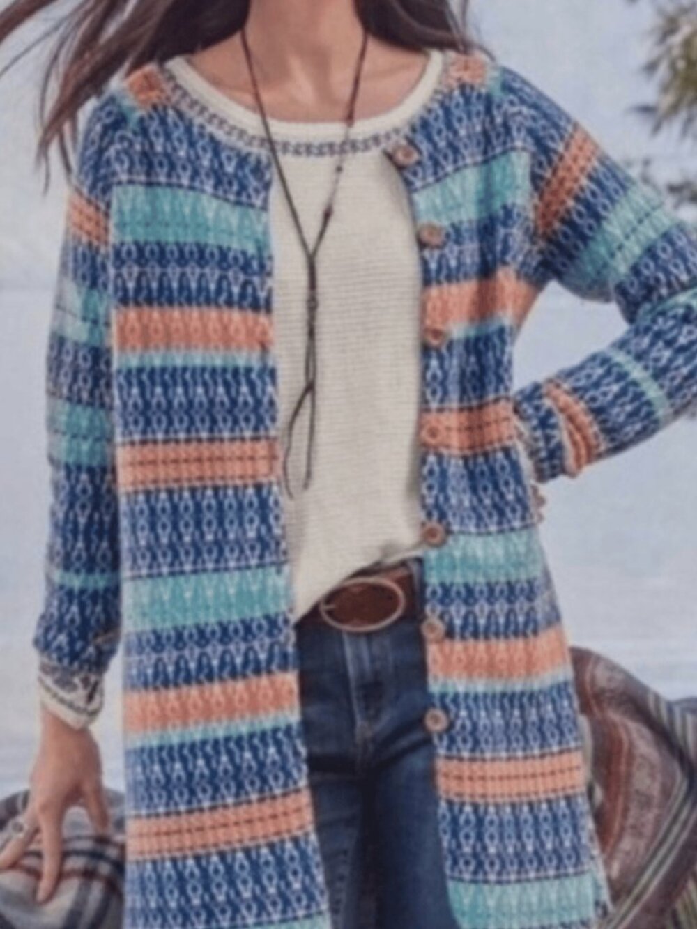 Sundance Shoreline wool fair isle nordic striped cardigan duster sweater